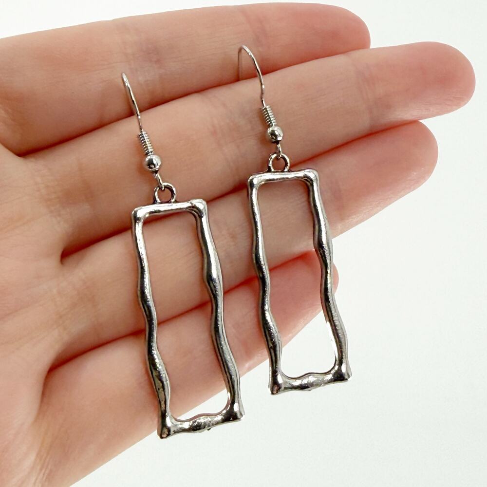 Silver Abstract Rectangle Dangle Earrings Modern Minimalist Drop